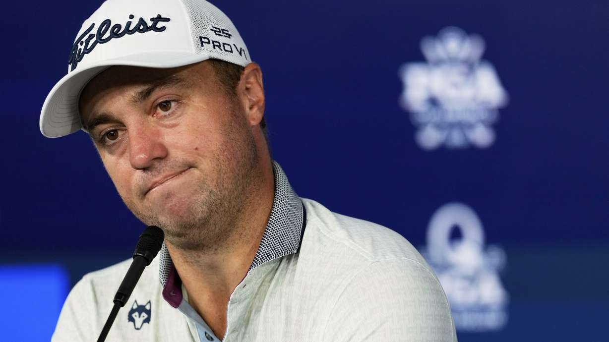 Justin Thomas speaks during a news conference at the PGA Championship golf tournament at the Quail Hollow Club, Tuesday, May 13, 2025, in Charlotte, N.C.