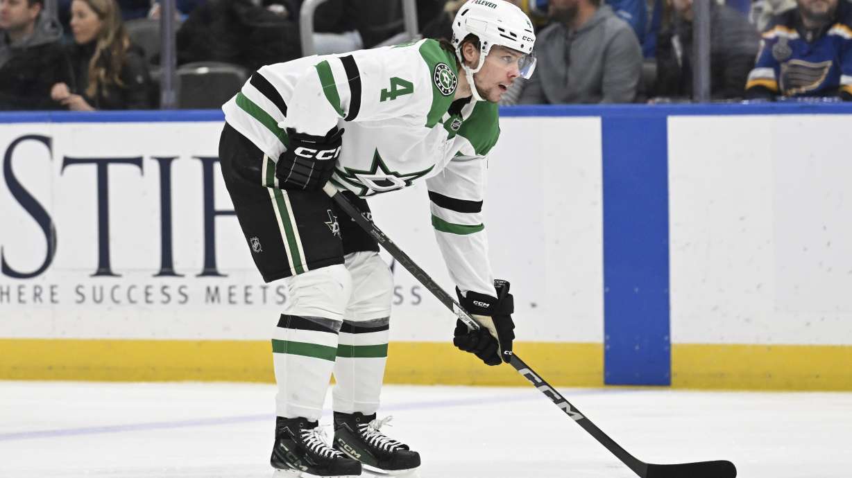 FILE - Dallas Stars' Miro Heiskanen (4) looks on against the St. Louis Blues during the first period of an NHL hockey game on Jan. 25, 2025, in St. Louis.