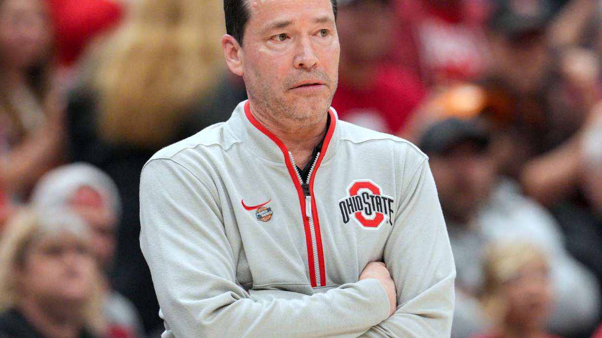 FILE - Ohio State head coach Kevin McGuff reacts during a second round college basketball game against Tennessee in the NCAA Tournament, March 23, 2025, in Columbus, Ohio.