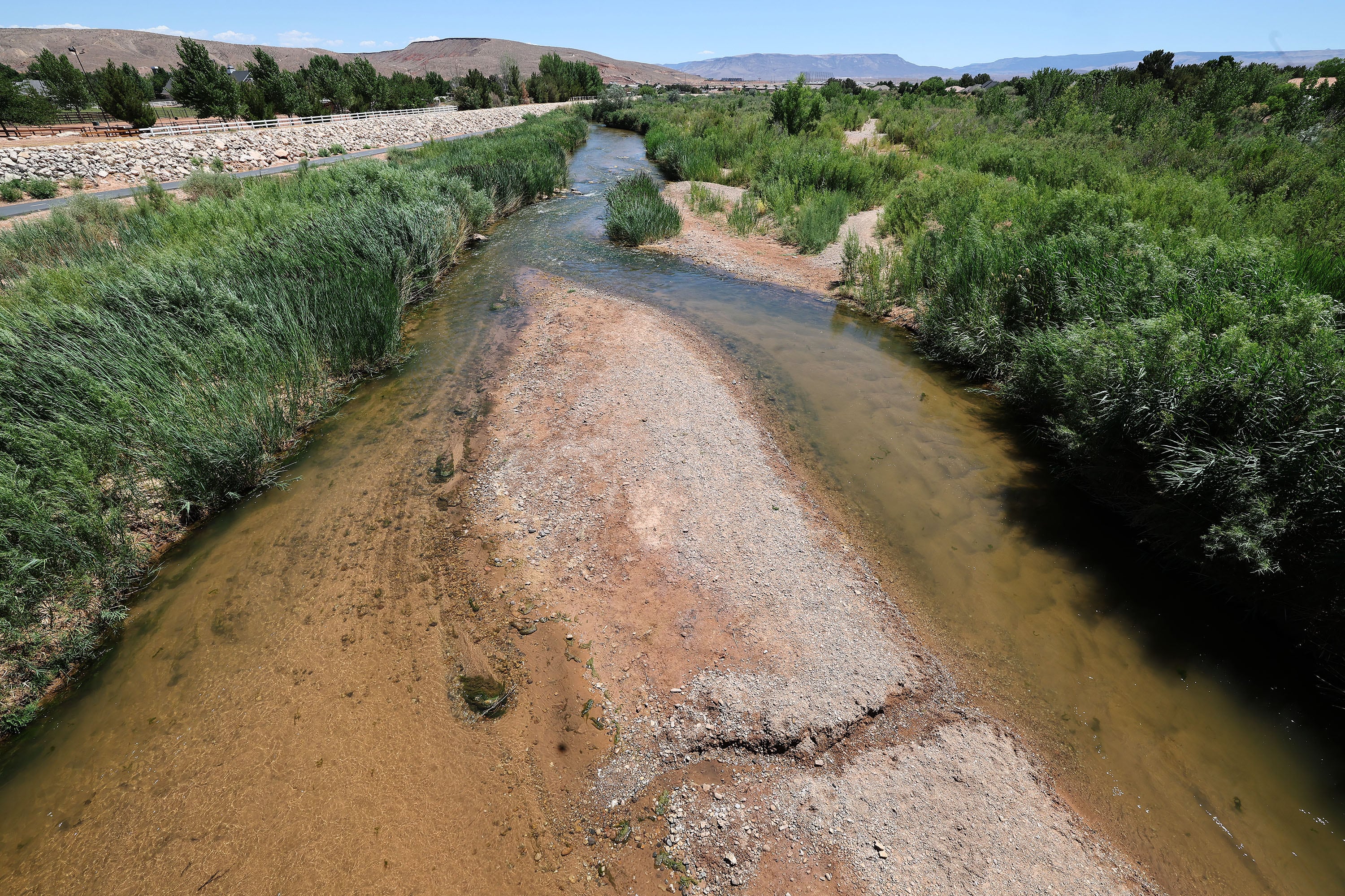 The shallow Virgin River on June 10, 2022. Sens. John Curtis, R-Utah, and Mark Kelly, D-Ariz., on Tuesday introduced bipartisan legislation aimed at strengthening water quality and storage infrastructure across the western United States.