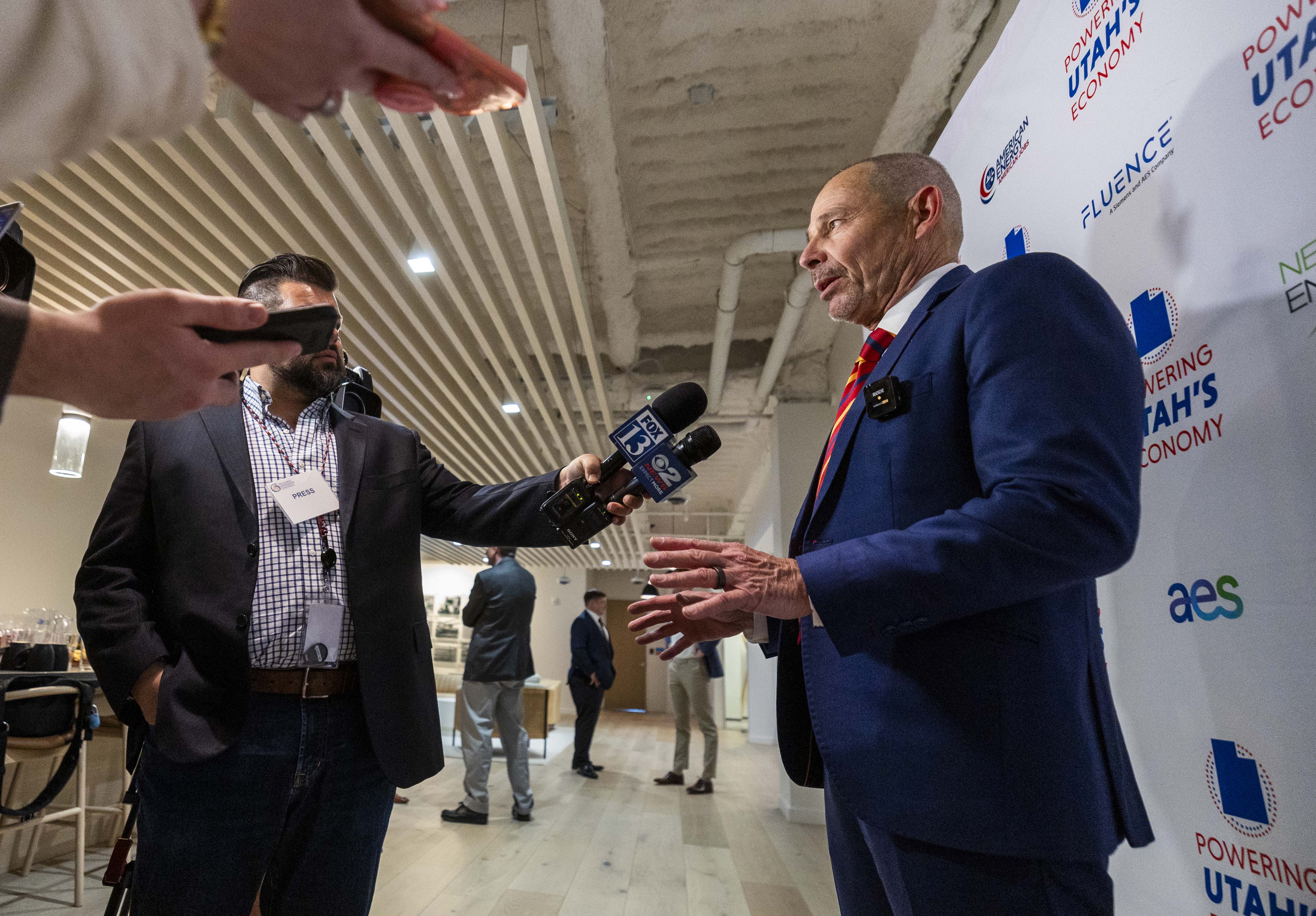 Sen. John Curtis, R-Utah, speaks to media after a roundtable discussion, “Powering Utah’s Economy: Boosting Energy Production, Manufacturing, and Workforce Development,” with participants from Utah energy producers, local officials and business groups, at AES’ office in Salt Lake City on April 25.