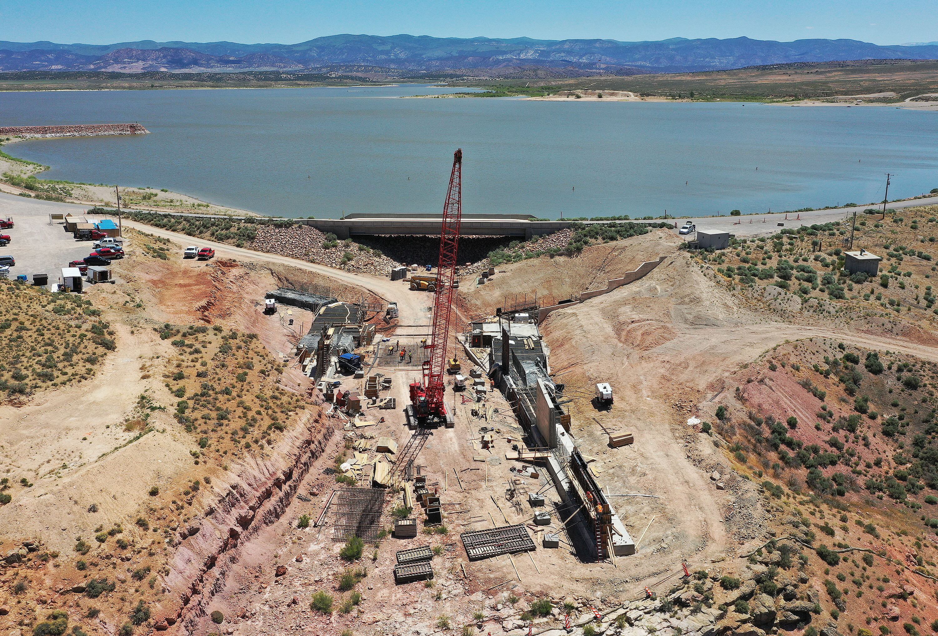 A cofferdam blocks the spillway as construction repairs continue on the Sevier Bridge Dam at Yuba State Park on June 27, 2023.