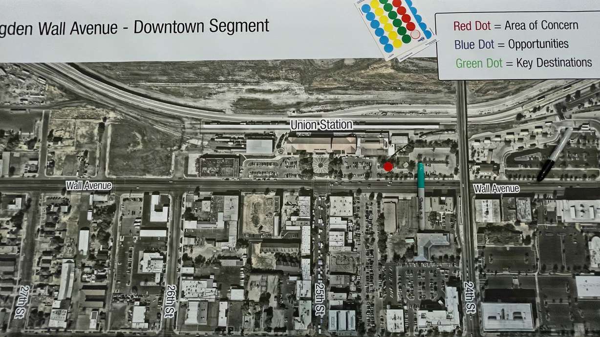 Ogden leaders are mulling changes to Wall Avenue to better unite Union Station on the west side of the street and Historic 25th Street to the east. A map of the area is pictured April 23 at an open house on the subject at Union Station.
