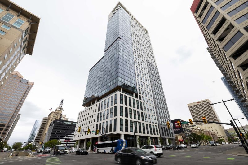 Traffic drives past the Astra Tower during its grand opening in Salt Lake City on Tuesday. - Brice Tucker, Deseret News