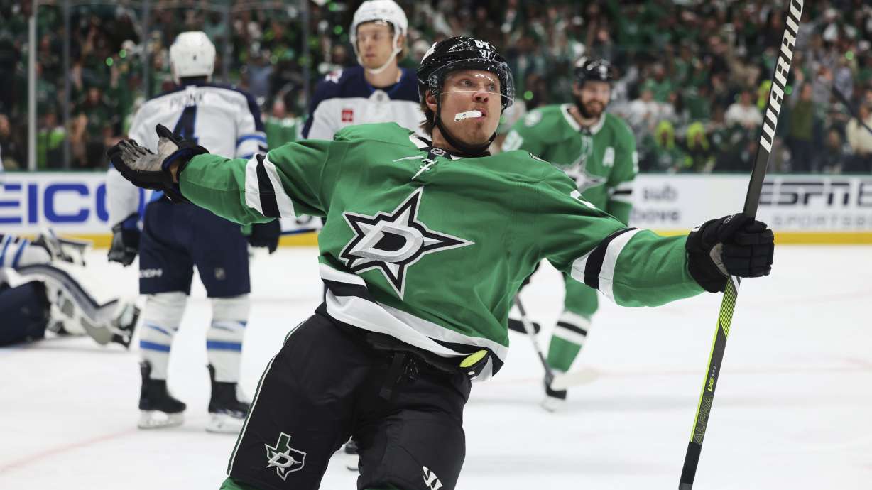 Dallas Stars center Mikael Granlund celebrates after scoring a power play goal against the Winnipeg Jets in the first period of Game 4 of a second-round NHL hockey playoff series in Dallas, Tuesday, May 13, 2025.