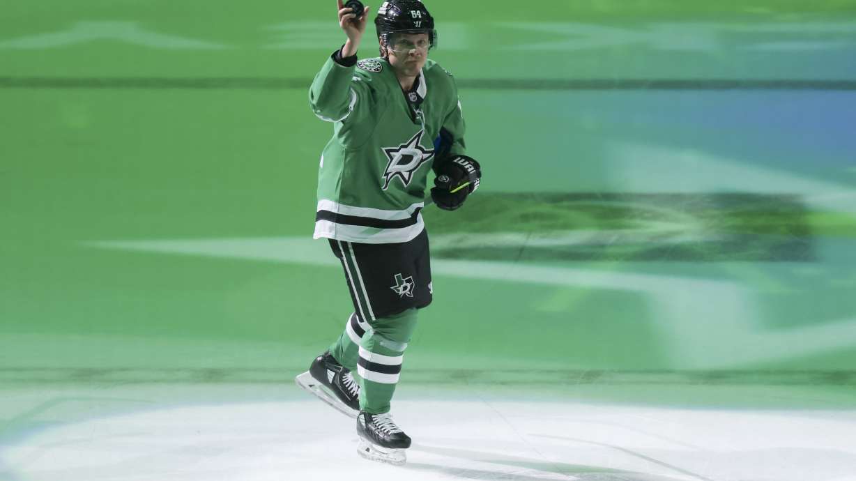 Dallas Stars center Mikael Granlund (64) skates on the ice after earning a hat trick in Game 4 of a second-round NHL hockey playoff series against the Winnipeg Jets in Dallas, Tuesday, May 13, 2025.