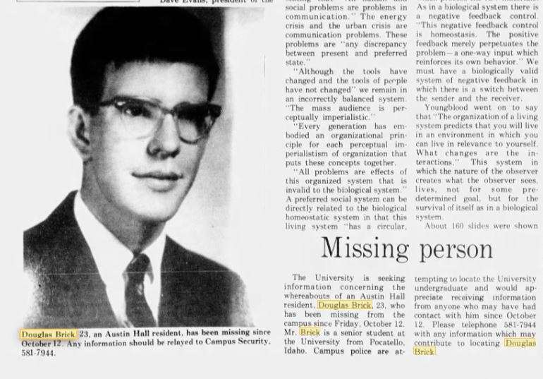 An article from The Daily Utah Chronicle written on the disappearance of Douglas Brick.