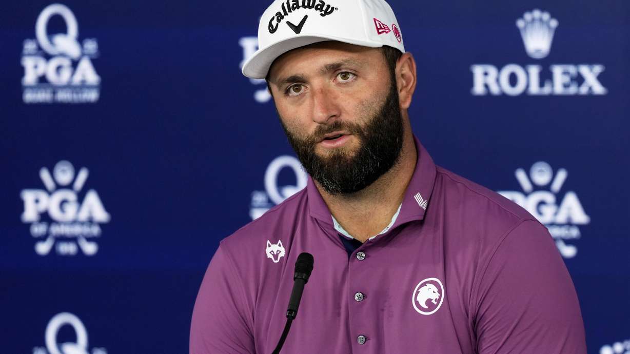 Jon Rahm, of Spain, speaks during a news conference at the PGA Championship golf tournament at the Quail Hollow Club, Tuesday, May 13, 2025, in Charlotte, N.C.