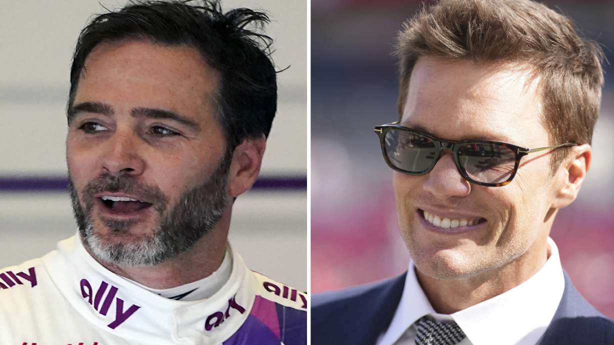 This photo combo shows Jimmie Johnson during a practice session at Daytona International Speedway in Daytona Beach, Fla. on Jan. 23, 2021 and former NFL quarterback Tom Brady on Jan 5, 2025, in Tampa, Fla.
