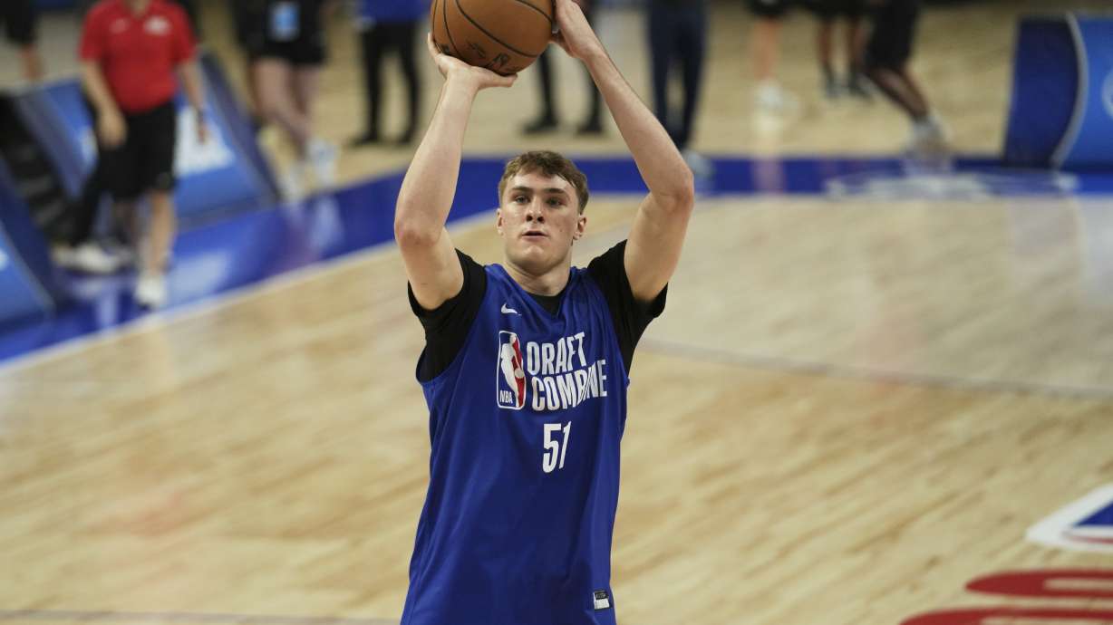 Cooper Flagg participates at the 2025 NBA basketball Draft Combine in Chicago, Tuesday, May 13, 2025.