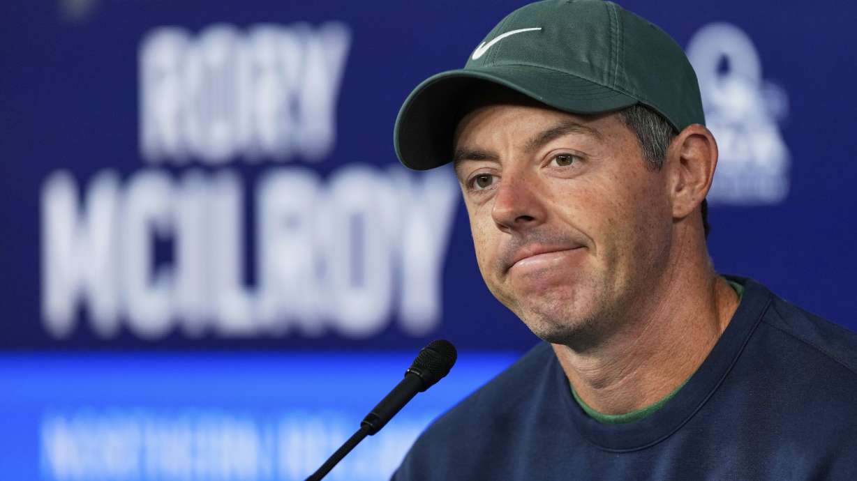 Rory McIlroy, of Northern Ireland, speaks during a news conference at the PGA Championship golf tournament at the Quail Hollow Club, Wednesday, May 14, 2025, in Charlotte, N.C.