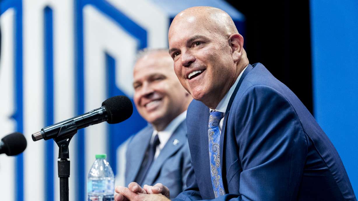 Newly-named Brigham Young University Director of Athletics Brian Santiago speaks during a press conference announcing his hiring for the position held at the BYU Broadcast Building on the university’s campus in Provo on Wednesday, May 14, 2025. Santiago began working at BYU in 1997 and has served as deputy athletic director since 2017.