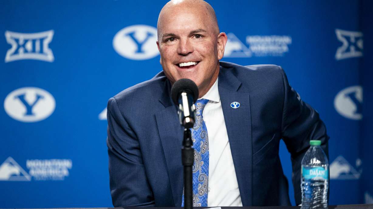 Newly-named Brigham Young University Director of Athletics Brian Santiago speaks during a press conference announcing his hiring for the position held at the BYU Broadcast Building on the university’s campus in Provo on Wednesday, May 14, 2025. Santiago began working at BYU in 1997 and has served as deputy athletic director since 2017.