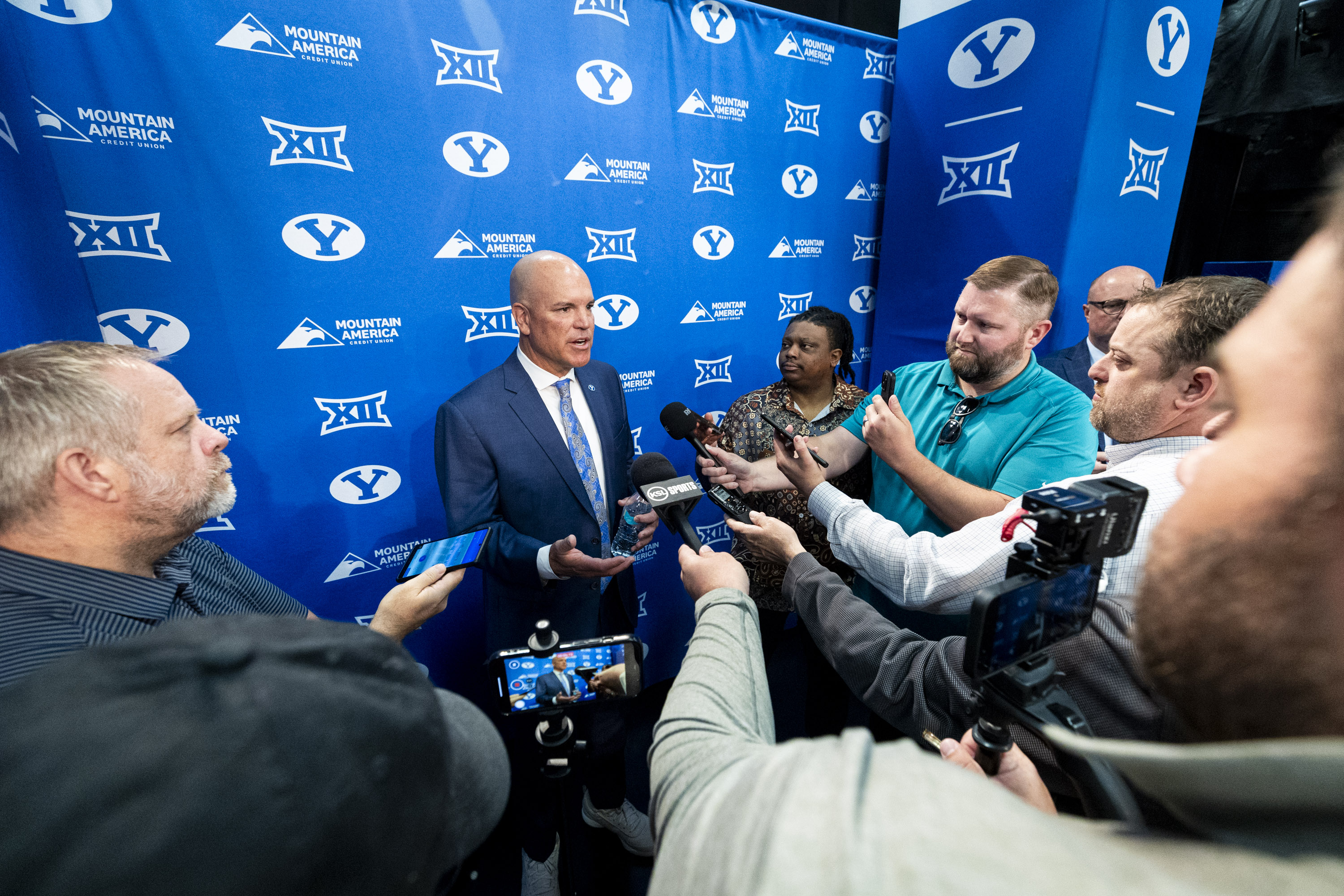 Newly-named Brigham Young University Director of Athletics Brian Santiago takes questions from members of the media after a press conference announcing his hiring for the position held at the BYU Broadcast Building on the university’s campus in Provo on Wednesday, May 14, 2025. Santiago began working at BYU in 1997 and has served as deputy athletic director since 2017.