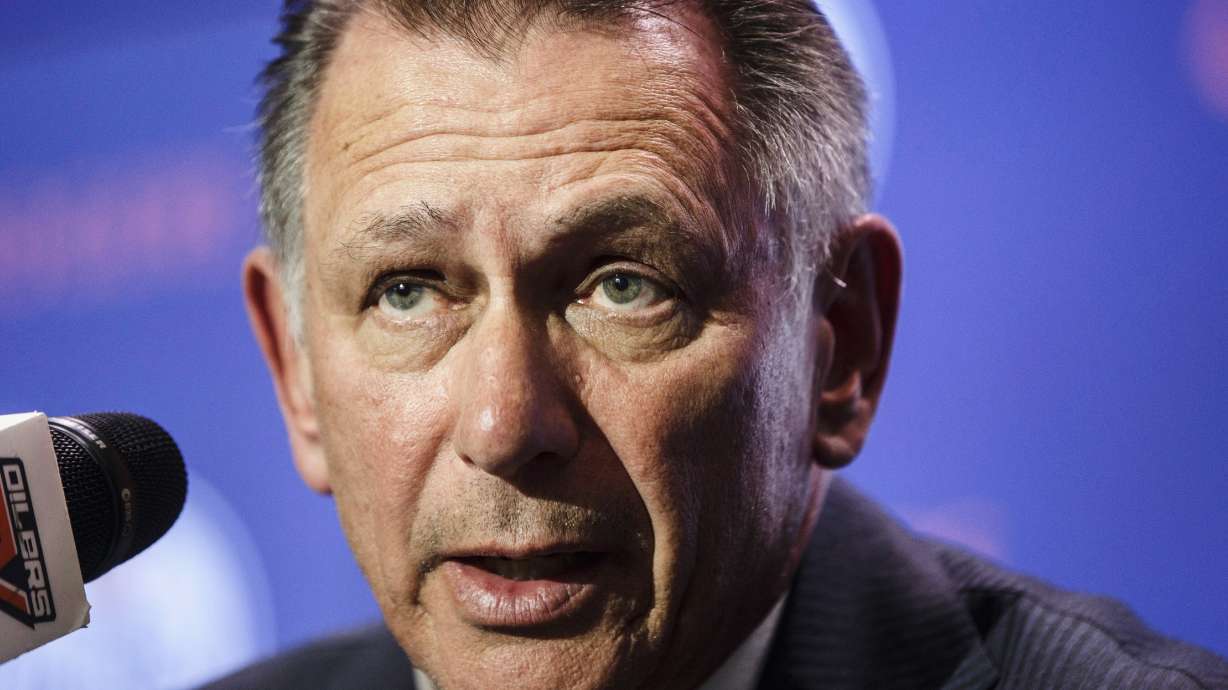 FIEL - Ken Holland speaks at an NHL hockey press conference in Edmonton, Alberta, Tuesday May 7, 2019.