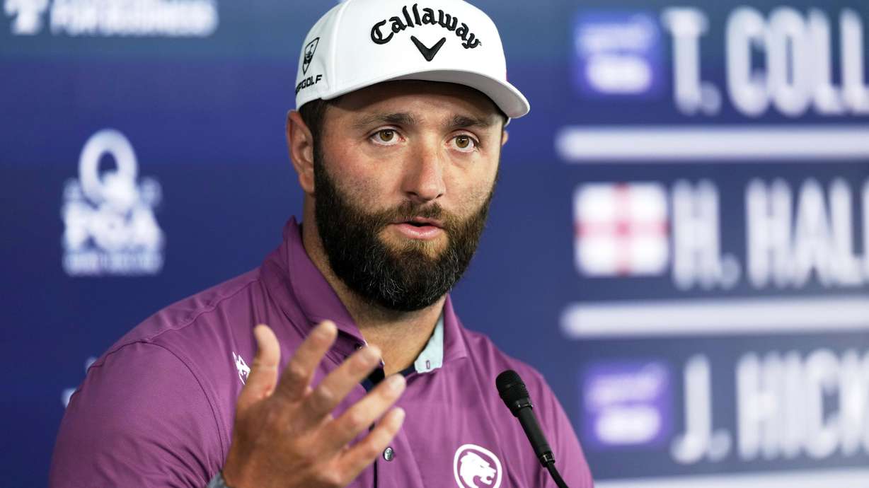 Jon Rahm, of Spain, speaks during a news conference at the PGA Championship golf tournament at the Quail Hollow Club, Tuesday, May 13, 2025, in Charlotte, N.C.