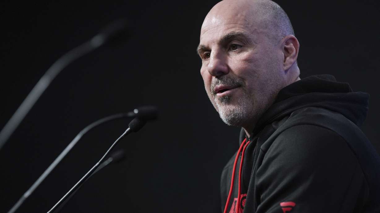 Vancouver Canucks head coach Rick Tocchet speaks during the NHL hockey team's end of season news conference, in Vancouver, B.C., Friday, April 18, 2025.