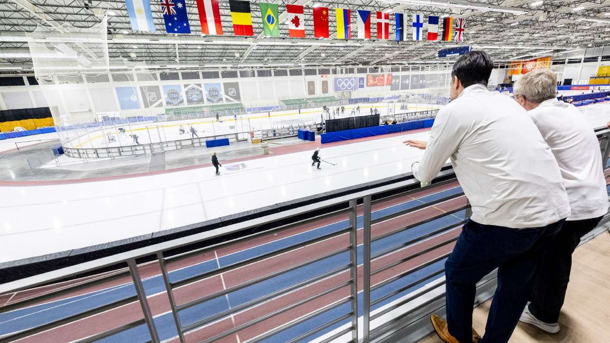 International Olympic Committee President Thomas Bach checks out the Utah Mammoth's facilities with Chris Armstrong at the Utah Olympic Oval in Kearns on Sept. 28, 2024.