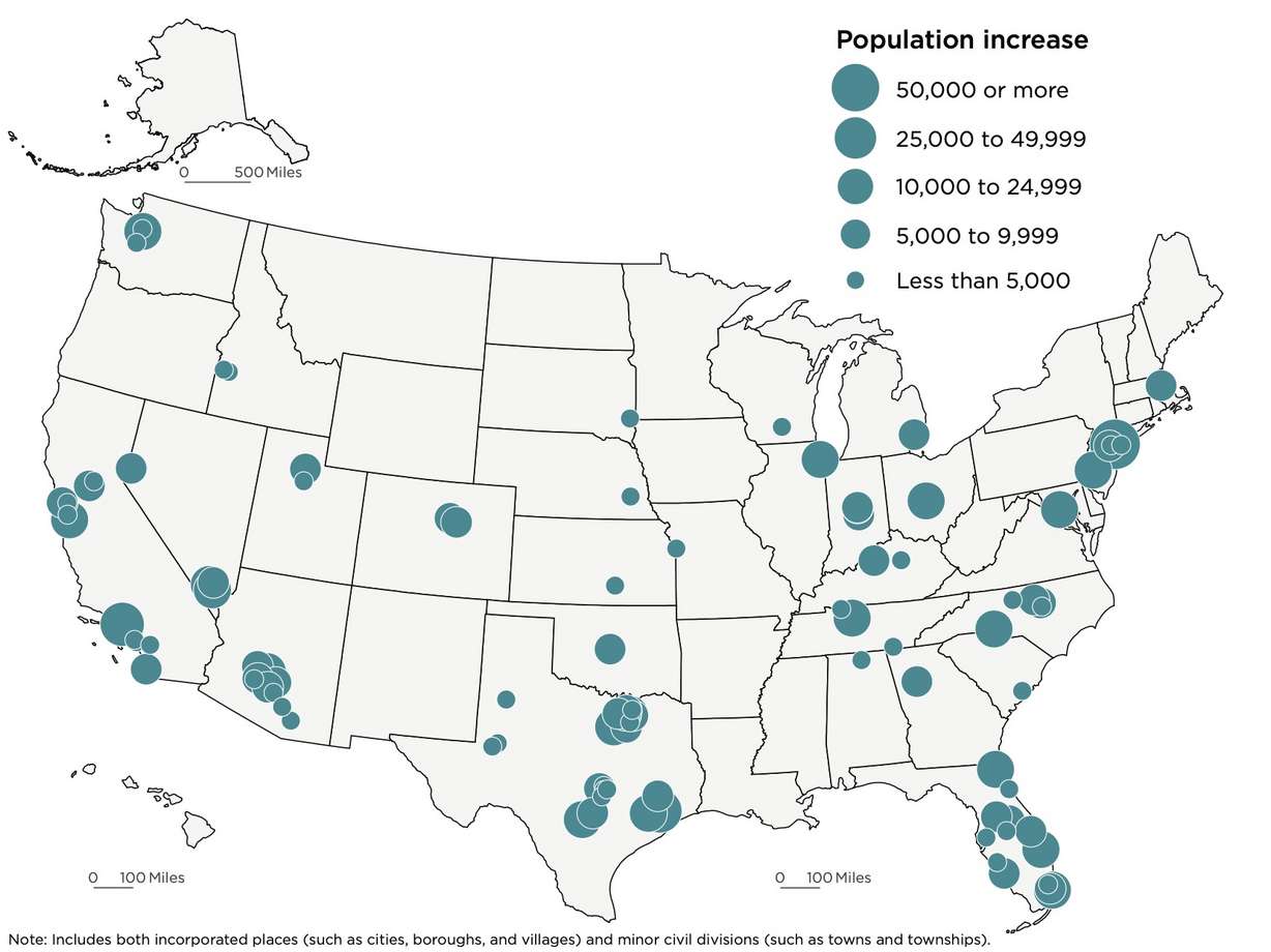 This map shows the Top 100 cities and town in growth across the U.S. from mid-2023 to mid-2024.