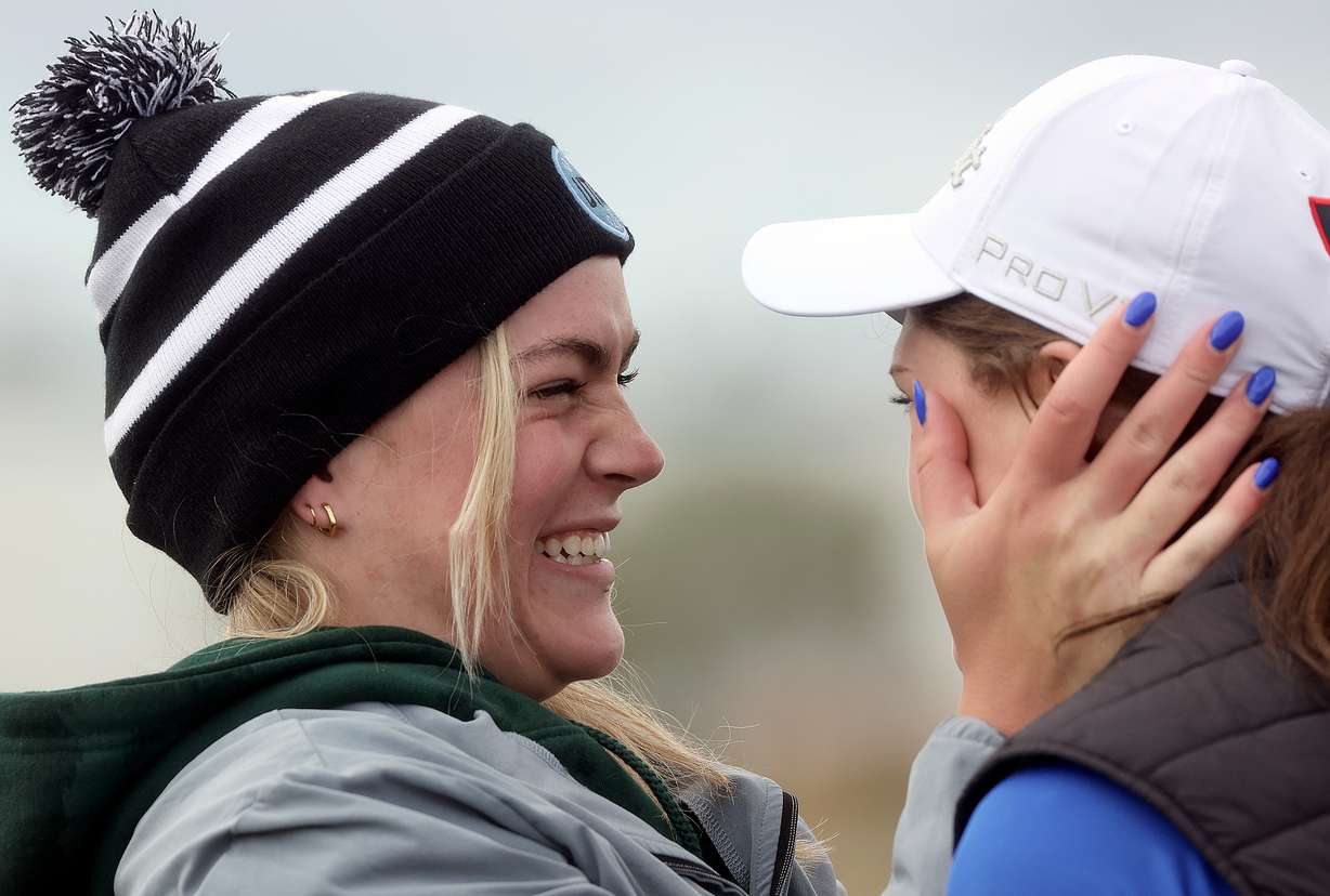 Beaver’s Brittni Crum reacts after finishing her final hole in the girls 2A state golf tournament at The Ridge Golf Club in West Valley City on Wednesday, May 14, 2025. Crum was the individual winner and Beaver was the team winner.