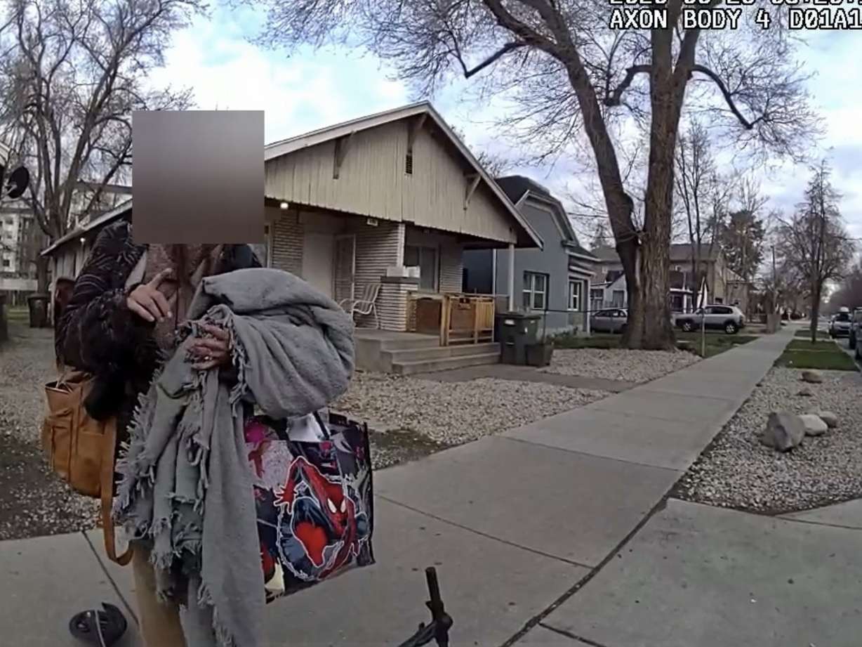 Screen from a body camera video of Salt Lake police officer Gabe McQueen's March 23 encounter with a person he recognized from an earlier interaction.