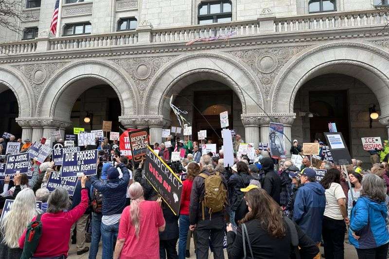 Supporters of Judge Hannah Dugan protest outside the United States Federal Building and Courthouse in Milwaukee, Wis. on April 15, ahead of Dugan's arraignment on charges that she helped a man in the country illegally evade arrest by immigration authorities.