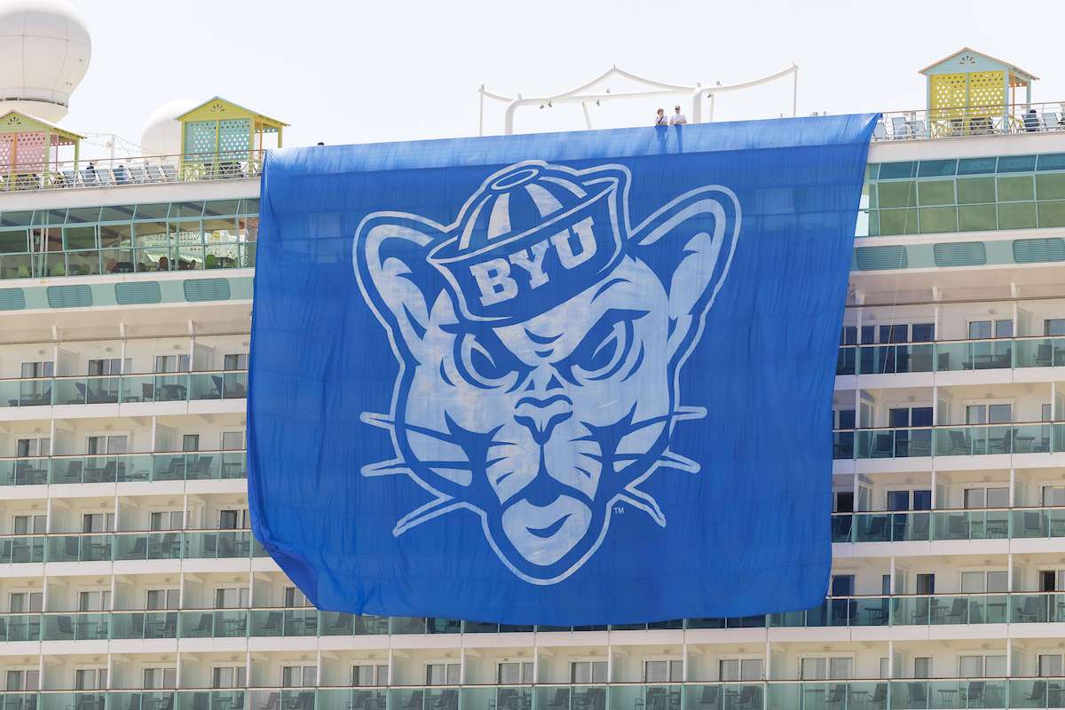 A BYU flag hung outside the Royal Caribbean's Navigator of the Seas was one piece of the BYU-themed decor aboard the BYU Cruise in mid-April.