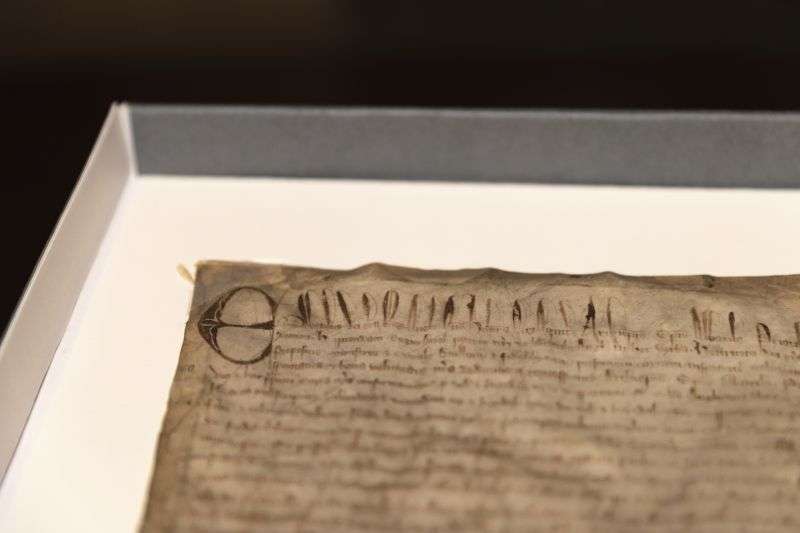 This photo provided by Harvard Law School shows a rare copy of the Magna Carta from 1300 sits in a display case on April 15 at Harvard Law School in Cambridge, Mass.