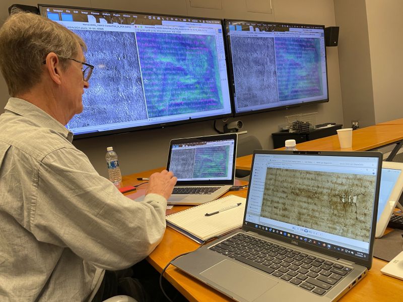 Imaging technology is used to help its librarians see details on a rare, faded copy of the Magna Carta from 1300 on March 19, 2024, in Cambridge, Mass.