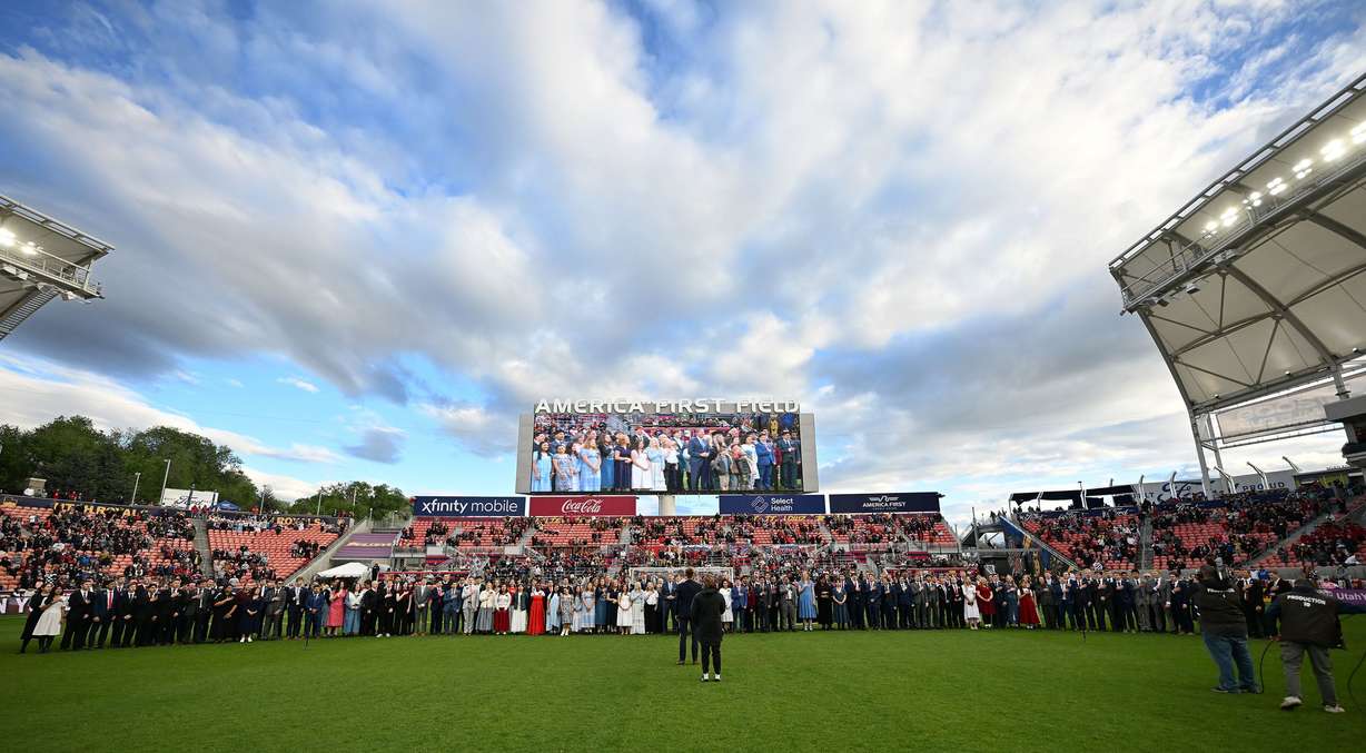 Missionaries from The Church of Jesus Christ of Latter-day Saints sing the national anthem prior to Real Salt Lake and the Portland Timbers playing at America First Field in Sandy on Wednesday.