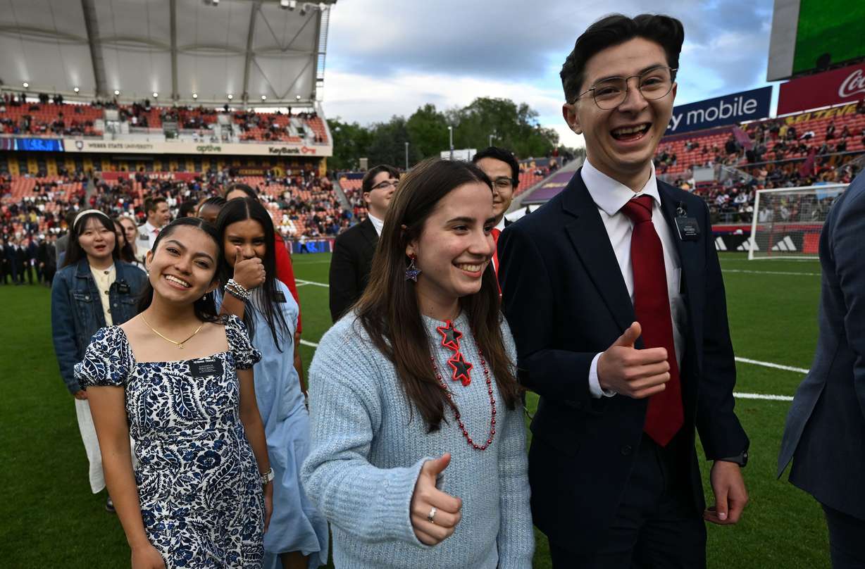 Missionaries from The Church of Jesus Christ of Latter-day Saints exit the field after singing the national anthem prior to Real Salt Lake and the Portland Timbers playing at America First Field in Sandy on Wednesday.