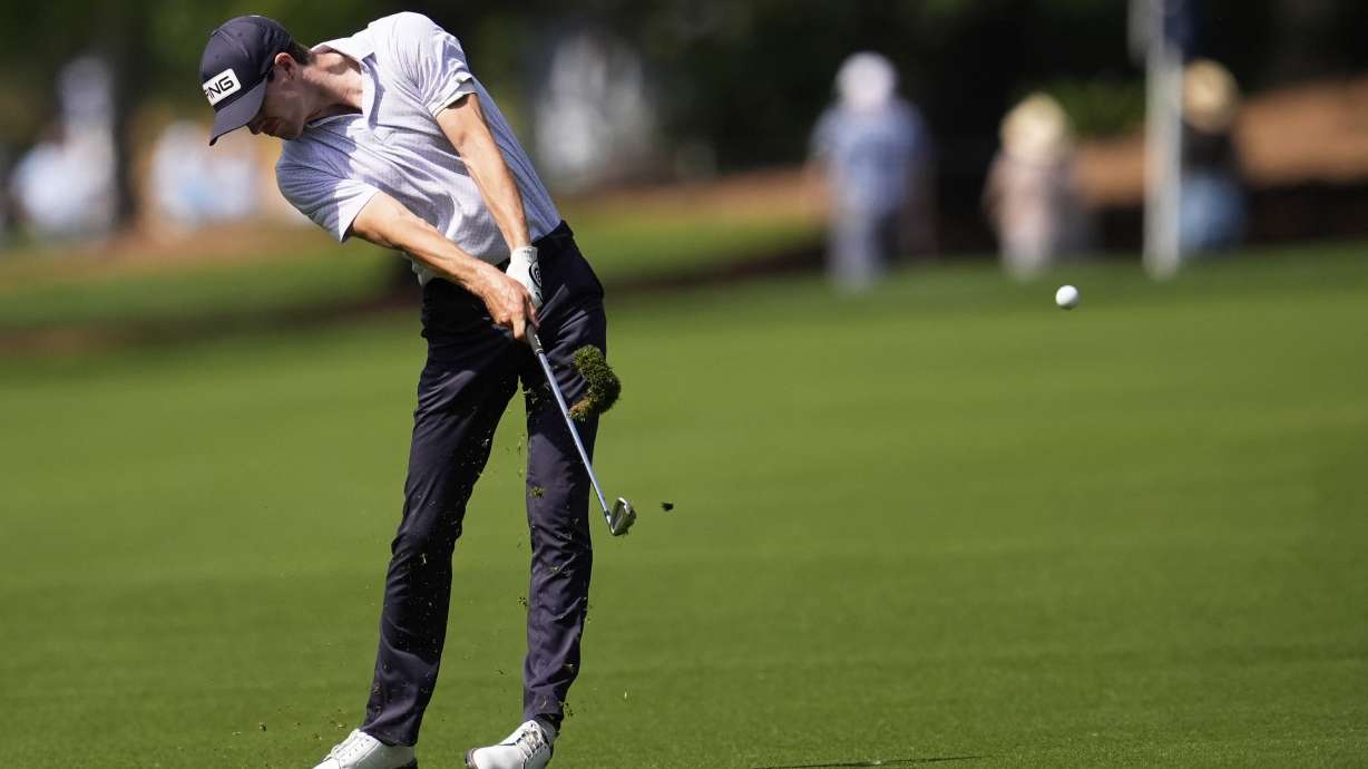 Alex Smalley hits from the fairway on the second hole during the first round of the PGA Championship golf tournament at the Quail Hollow Club, Thursday, May 15, 2025, in Charlotte, N.C.