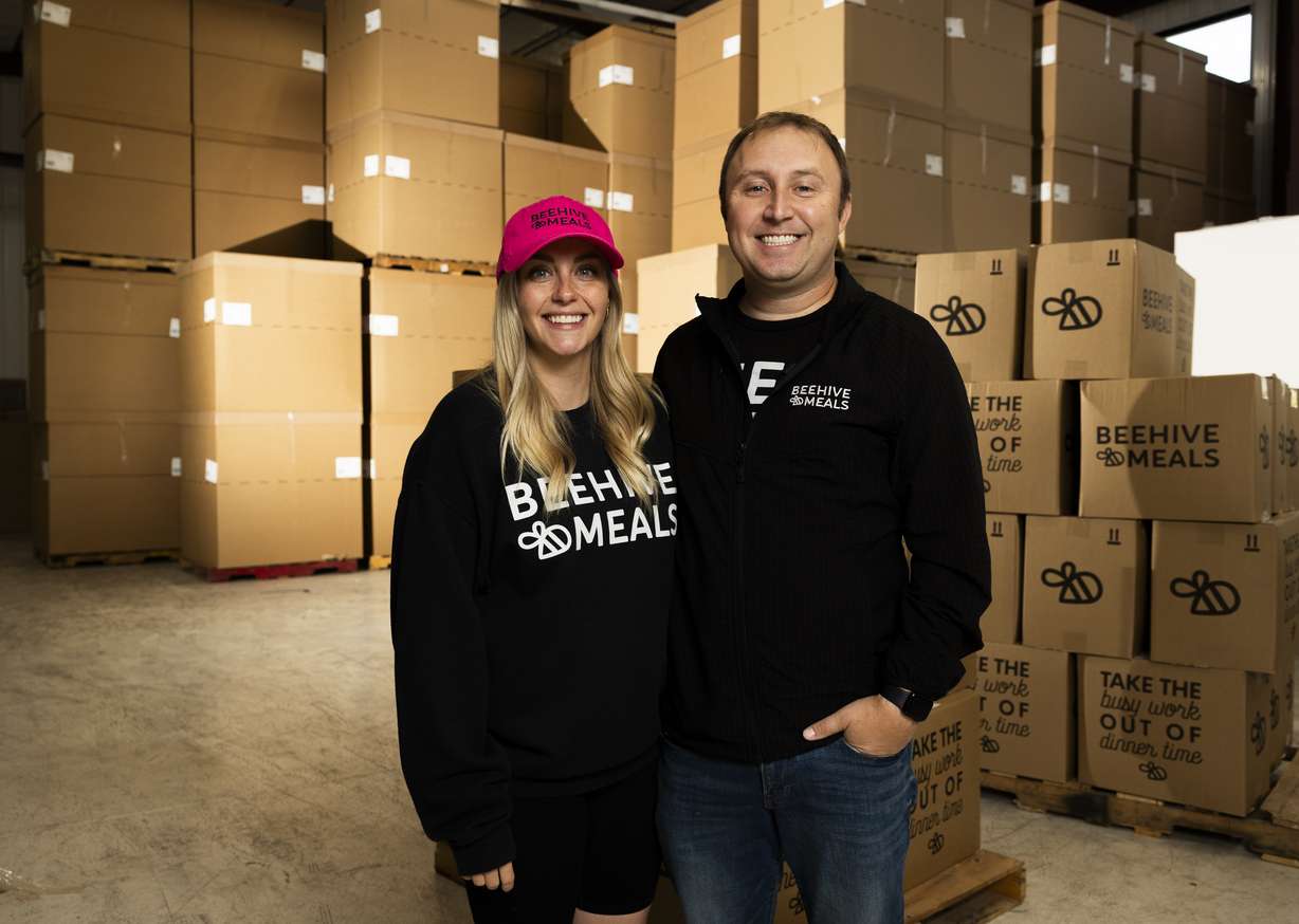 Allyse and Adam Jackson, owners of Beehive Meals, pose for a portrait in Beehive Meals warehouse in Layton on Oct. 21, 2024. Beehive Meals on Thursday announced a new, meat-focused offering.