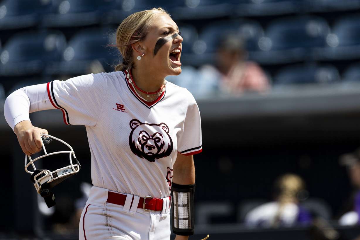 Bear River pitcher Kate Wilson (9) celebrates striking out every Desert Hills batter in the top of the second inning during the first game of the championship series in the 4A high school softball state tournament held at Miller Park on the campus of Brigham Young University in Provo on Thursday, May 15, 2025.