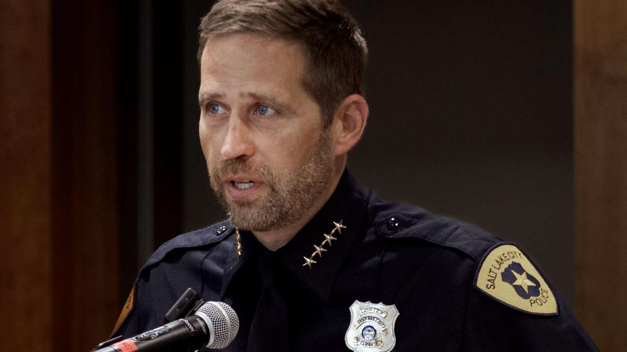 Salt Lake City Police Chief Brian Redd speaks at a press briefing in Salt Lake City May 15. Redd, who took over the job in March, has announced major changes to police leadership.