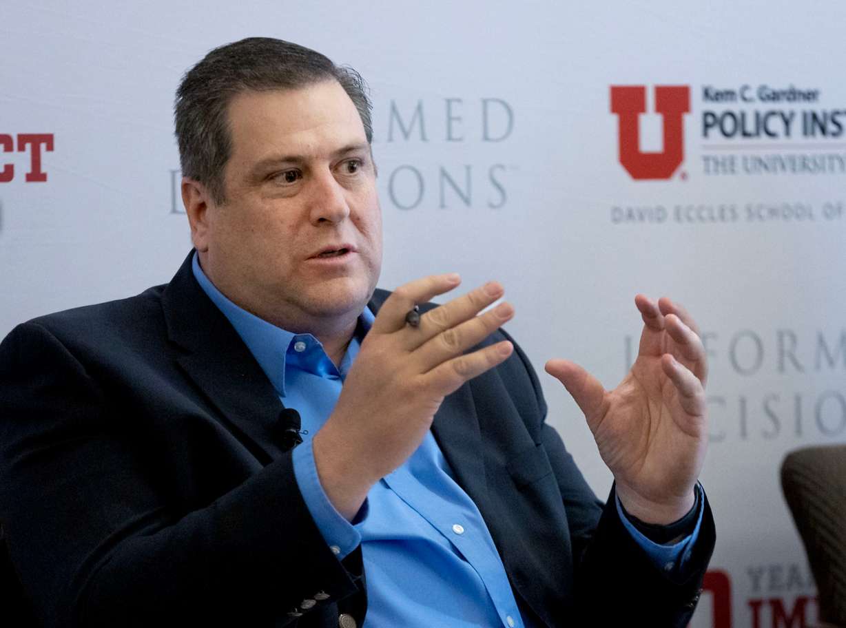 Kyle Snow, vice chair of the Utah Behavioral Health Commission, speaks at the Thomas S. Monson Center in Salt Lake City on Thursday.