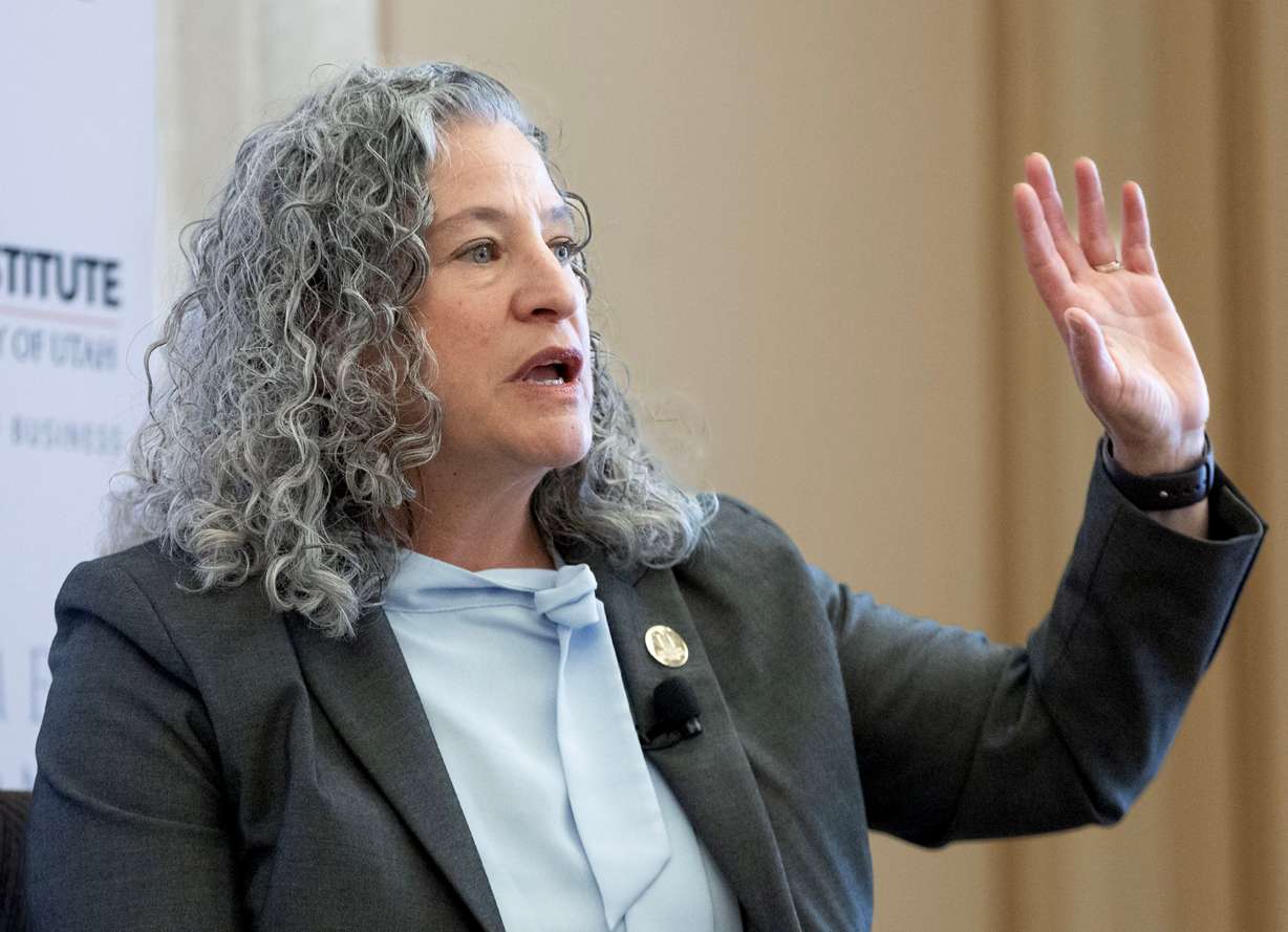 Tracy Gruber, executive director of the Utah Department of Health and Human Services, speaks at the Thomas S. Monson Center in Salt Lake City on Thursday.