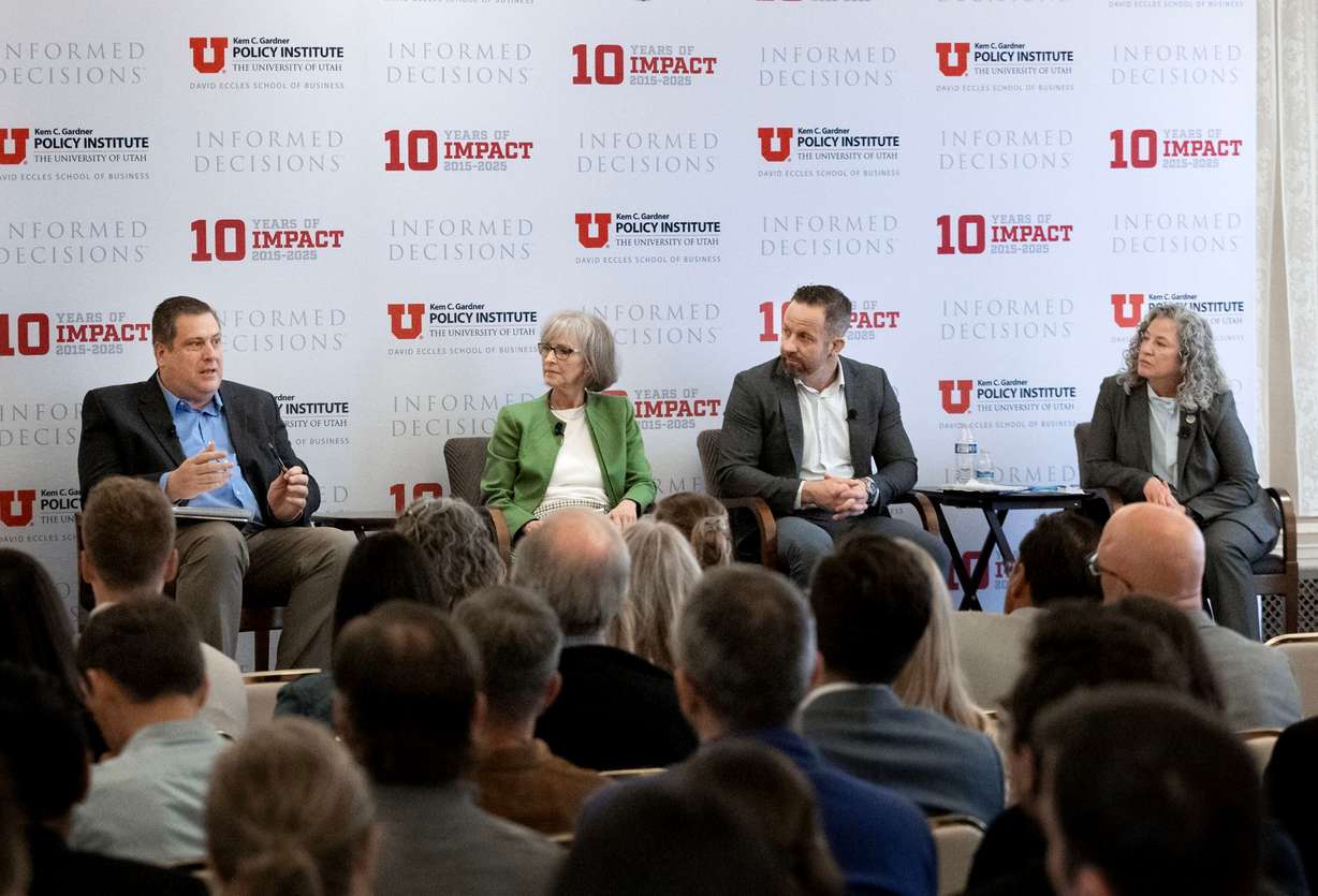 Kyle Snow, Angela Kimball, Jordan Sorenson, and Tracy Gruber speak at the Gardner Institute’s Newsmaker Breakfast on the Utah Behavioral Health Master Plan at the Thomas S. Monson Center in Salt Lake City on Thursday.