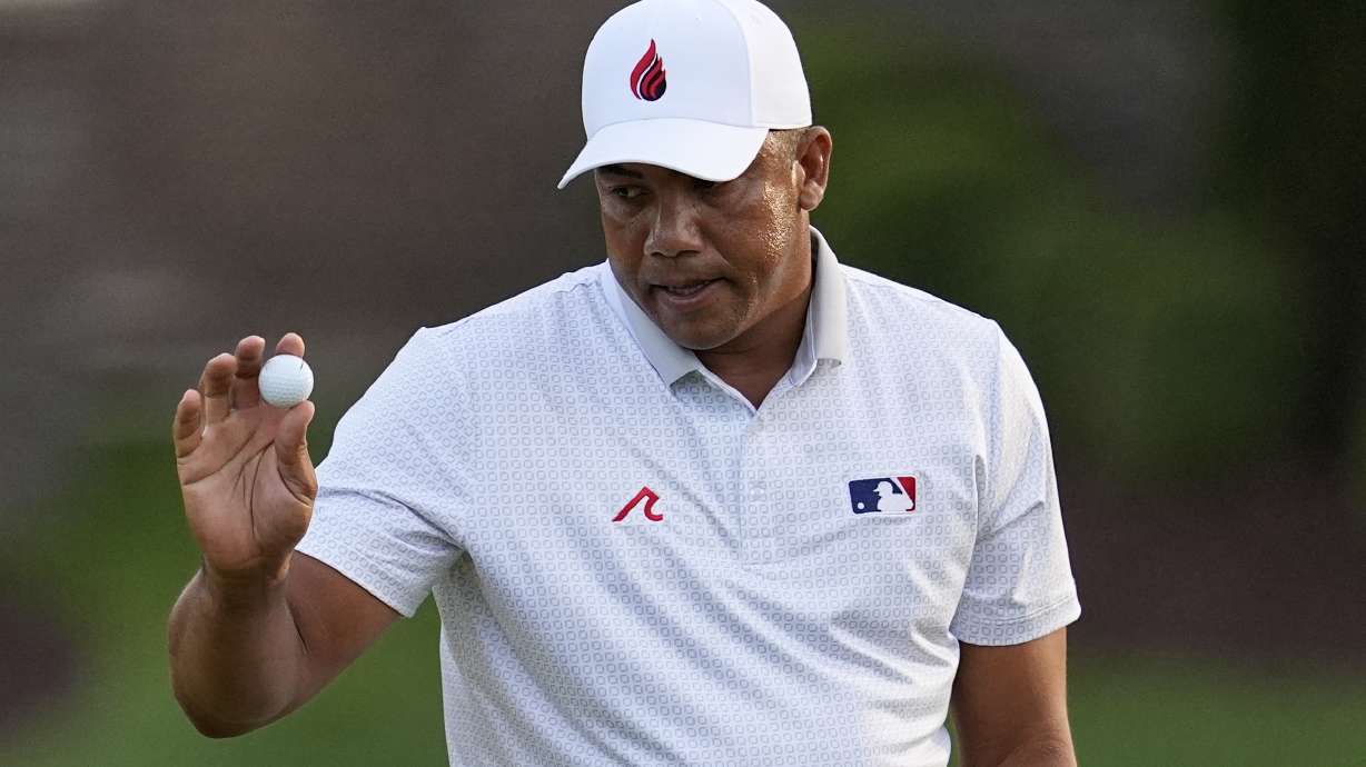 Jhonattan Vegas, of Venezuela, waves after making a putt on the seventh hole during the first round of the PGA Championship golf tournament at the Quail Hollow Club, Thursday, May 15, 2025, in Charlotte, N.C.
