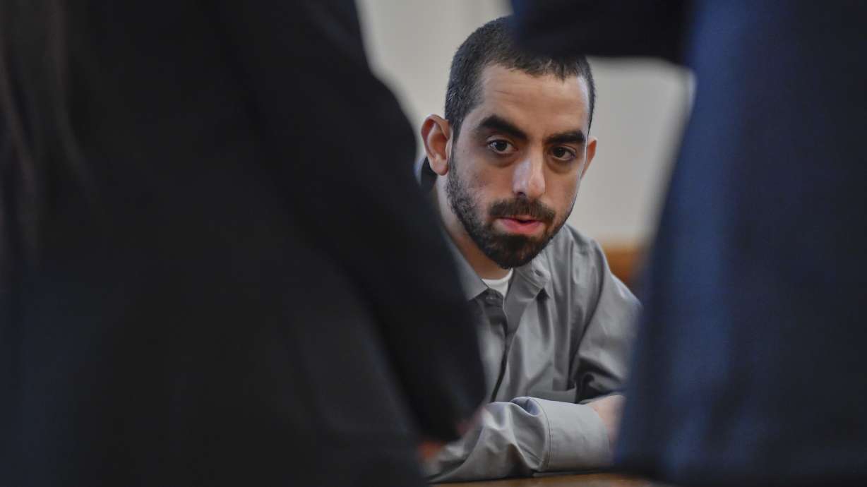 Hadi Matar sits in Chautauqua County court in Mayville, N.Y., Feb. 21. Matar was sentenced to 25 years in prison for stabbing author Salman Rushdie on a lecture stage in 2022 Friday.