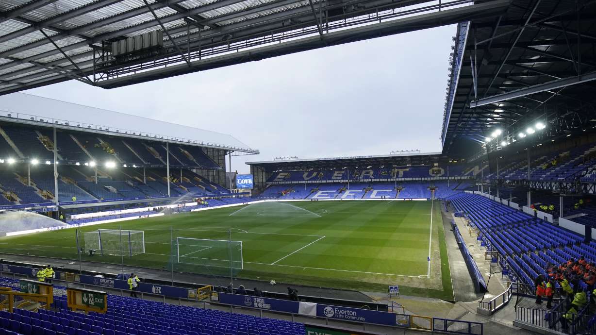FILE - A general view of Goodison Park stadium ahead of the English Premier League soccer match between Everton and Liverpool, in Liverpool, England, Wednesday, Feb.12, 2025.