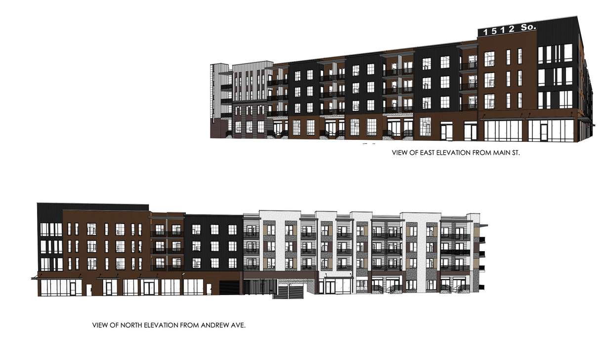 A rendering of a proposed 241-unit mixed-use development at 1518 S. Main. Its sides along Main Street and Andrew Avenue would span nearly 300 feet.