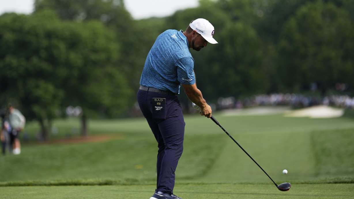 Bryson DeChambeau hits his tee shot on the 15th hole during the second round of the PGA Championship golf tournament at the Quail Hollow Club, Friday, May 16, 2025, in Charlotte, N.C.