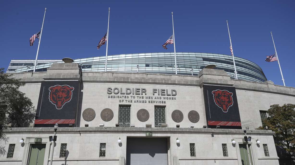 FILE - A general overall view of the exterior of Soldier Field before an NFL football game between the Chicago Bears and Indianapolis Colts, Oct. 4, 2020, in Chicago.