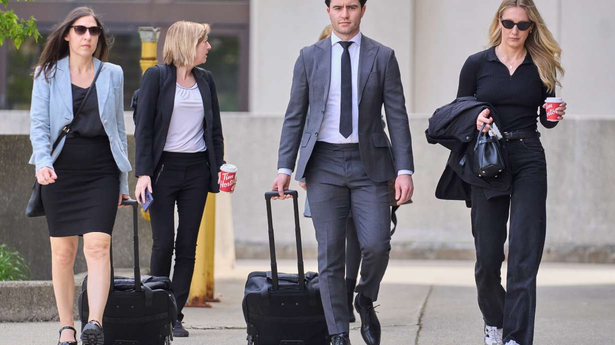 Dillon Dube, one of five hockey players charged with sexual assault, arrives at the courthouse in London, Ontario, Thursday, May 8, 2025.