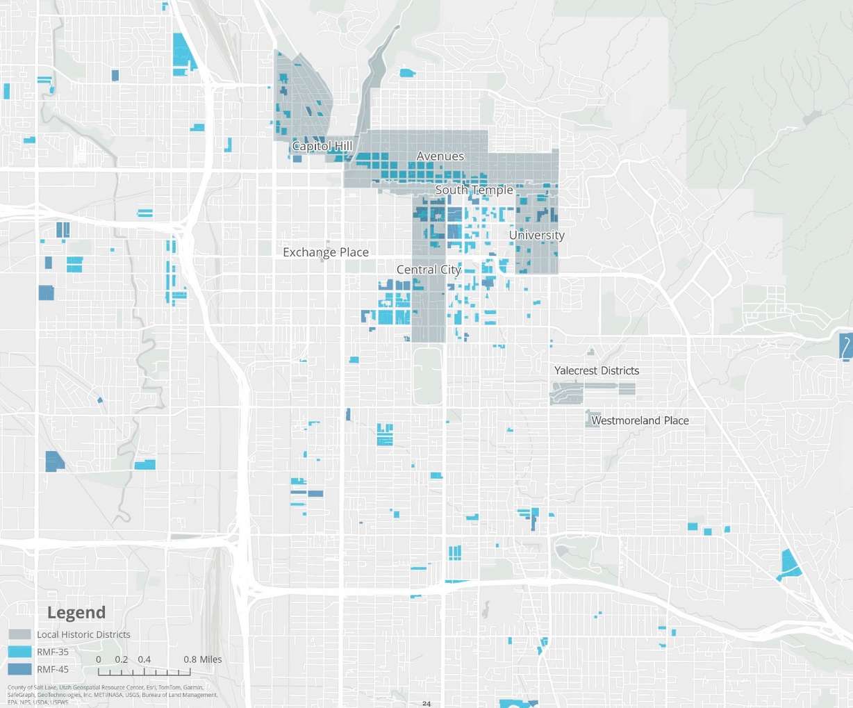 A map of RMF-35 and RMF-45 zones in Salt Lake City.
