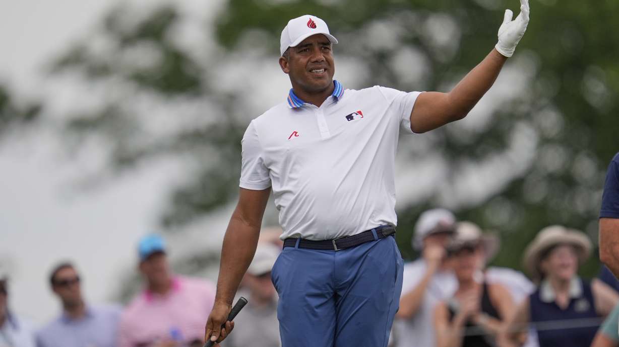 Jhonattan Vegas, of Venezuela, watches his tee shot on the 17th hole during the second round of the PGA Championship golf tournament at the Quail Hollow Club, Friday, May 16, 2025, in Charlotte, N.C.