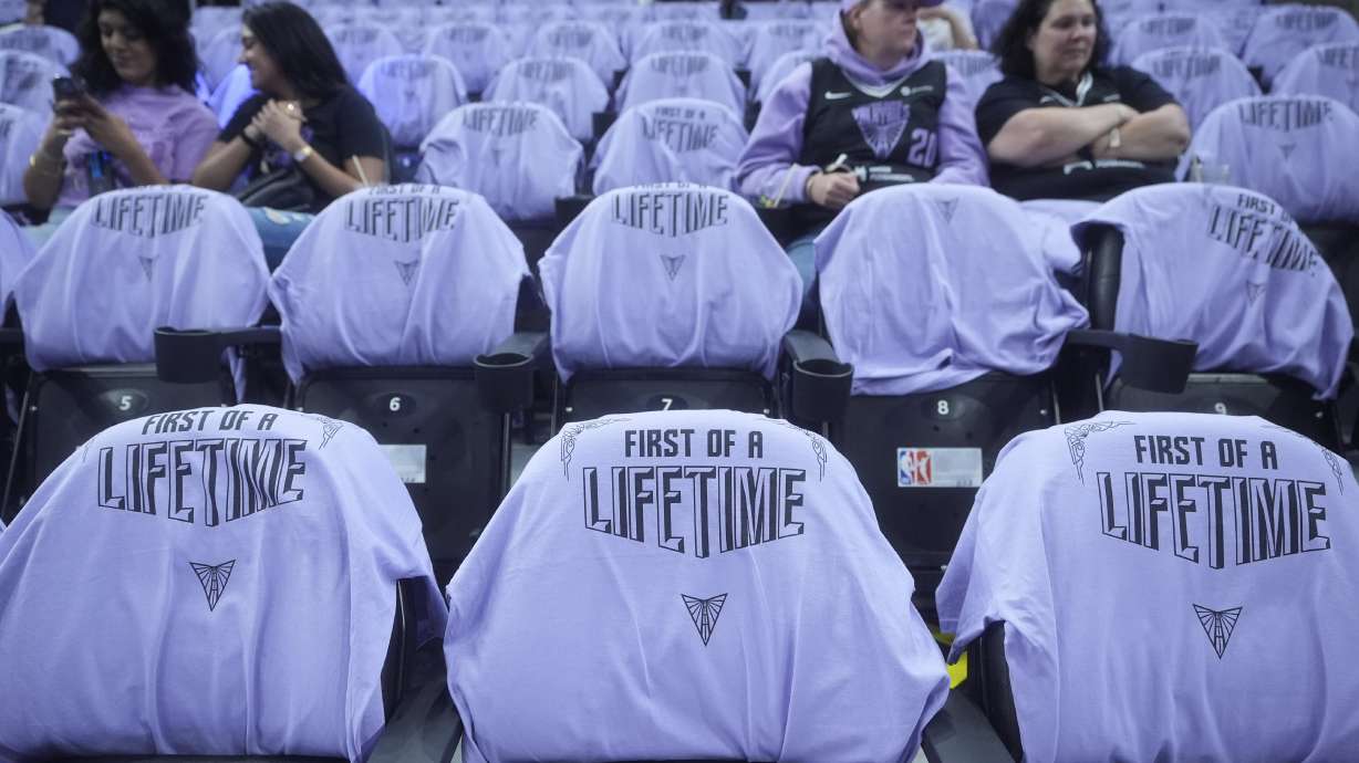 Golden State Valkyries t-shirts are placed on seats for fans at Chase Center before a WNBA basketball game between the Valkyries and the Los Angeles Sparks in San Francisco, Friday, May 16, 2025.
