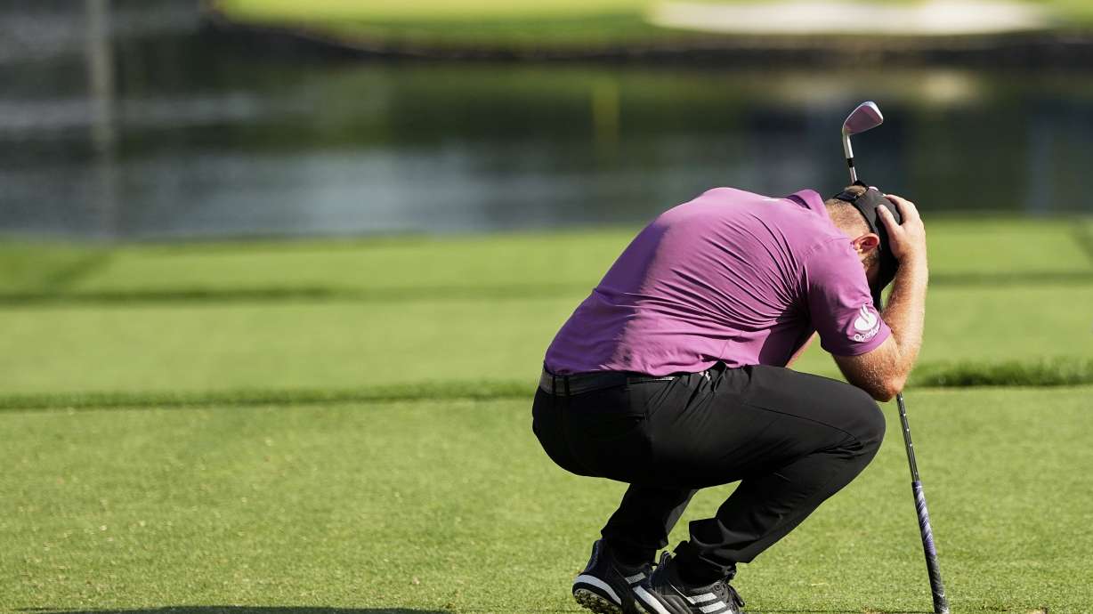 Tyrrell Hatton, of England, reacts to his tee shot on the 17th hole during the first round of the PGA Championship golf tournament at the Quail Hollow Club, Thursday, May 15, 2025, in Charlotte, N.C.