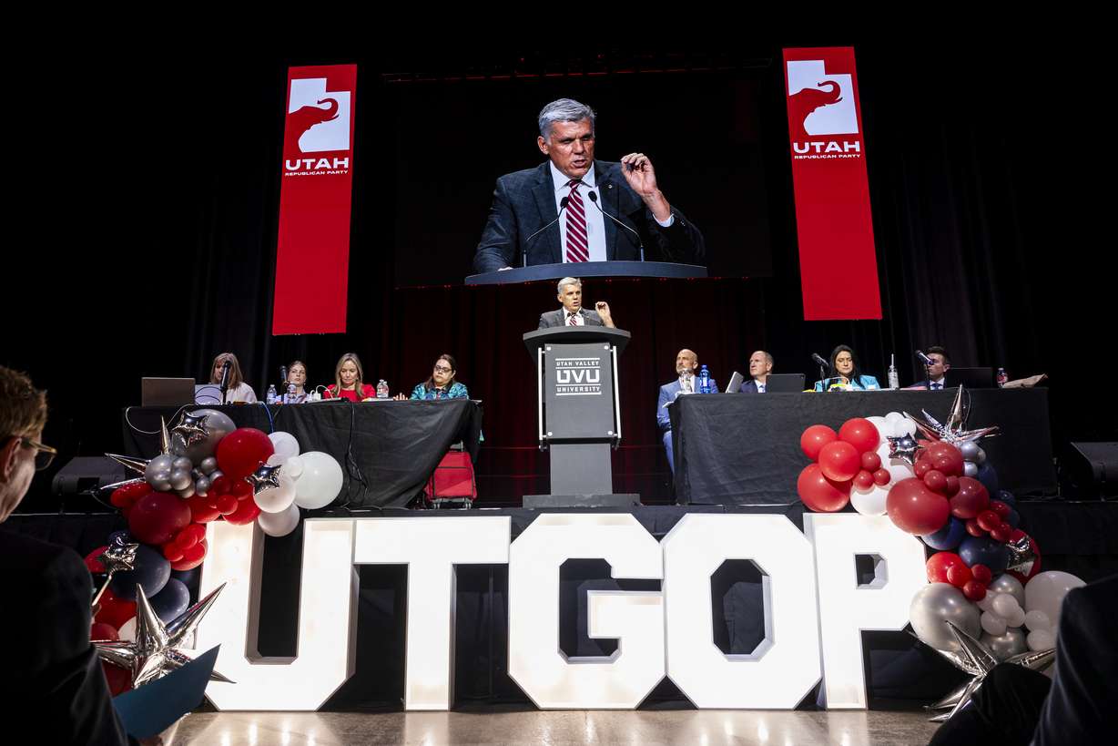Phil Lyman, candidate for chair of the Utah Republican Party, speaks during the Utah Republican Party’s state organizing convention held at the UCCU Center in Orem on Saturday.